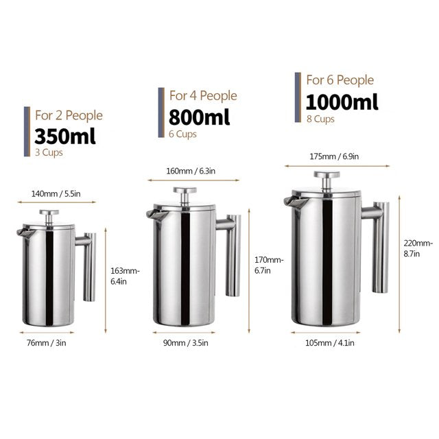 French Press Coffee, 350ml 800ml 1000ml French Press Coffee Maker Stainless Steel Double Walled Insulated Coffee Maker Pot, Dishwasher Safe Coffee Pot