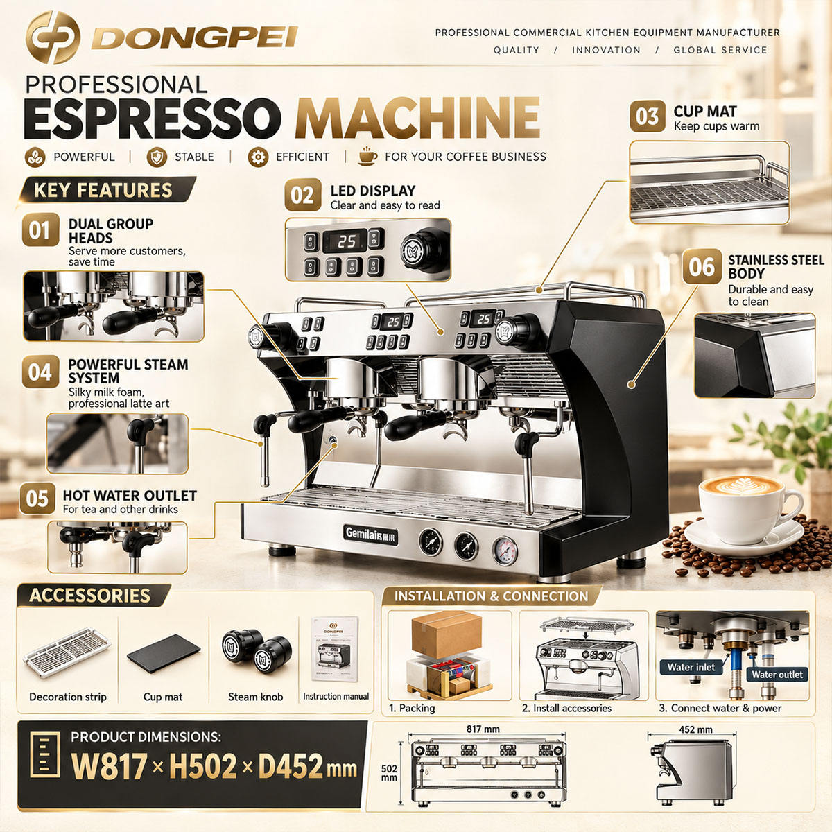 Commercial Espresso Coffee Machine 2 Group Dual Boiler with Imported Rotary Pump for Cafe Coffee Shop Restaurant