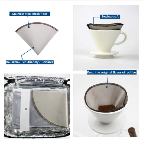 Coffee Dripper Stainless Steel Reusable Drip Cone Coffee Filter Portable Coffee Machine Paperless Metal Fine Mesh Filter