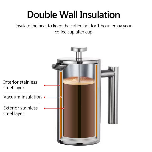 French Press Coffee, 350ml 800ml 1000ml French Press Coffee Maker Stainless Steel Double Walled Insulated Coffee Maker Pot, Dishwasher Safe Coffee Pot